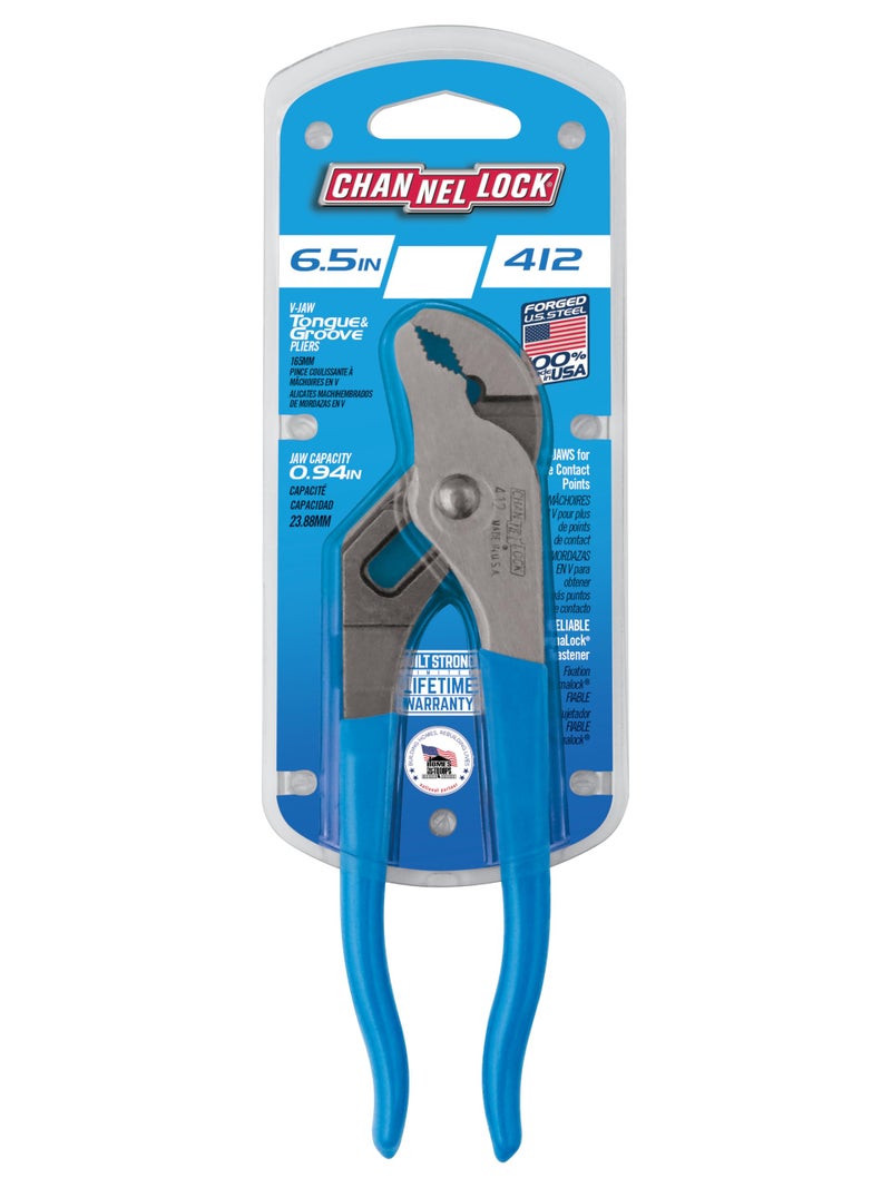 CHANNELLOCK 412 6.5-inch V-Jaw Tongue & Groove Pliers, Made in USA, 0.94-inch Jaw Capacity, Forged High Carbon Steel, More Points of Contact on Round Stock - Image 4